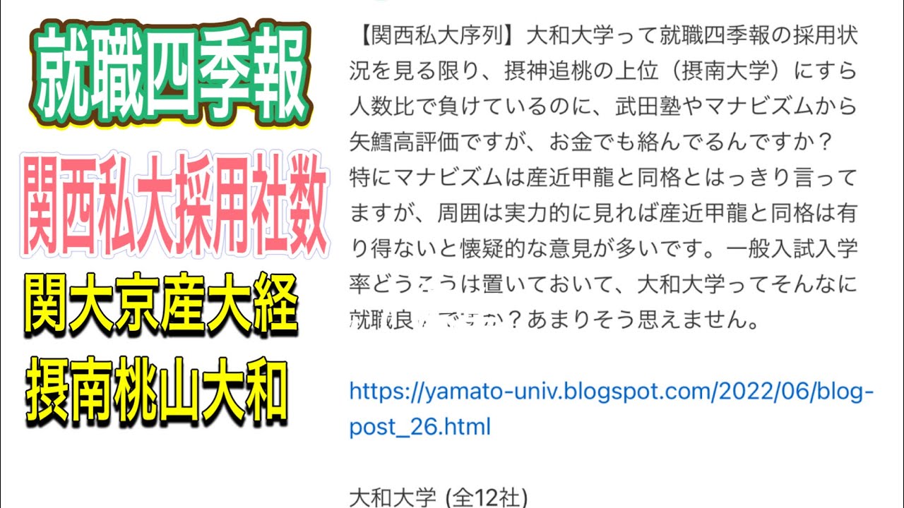 就職四季報　関大　京産　大経　摂南　桃山　大和の採用社数比較。