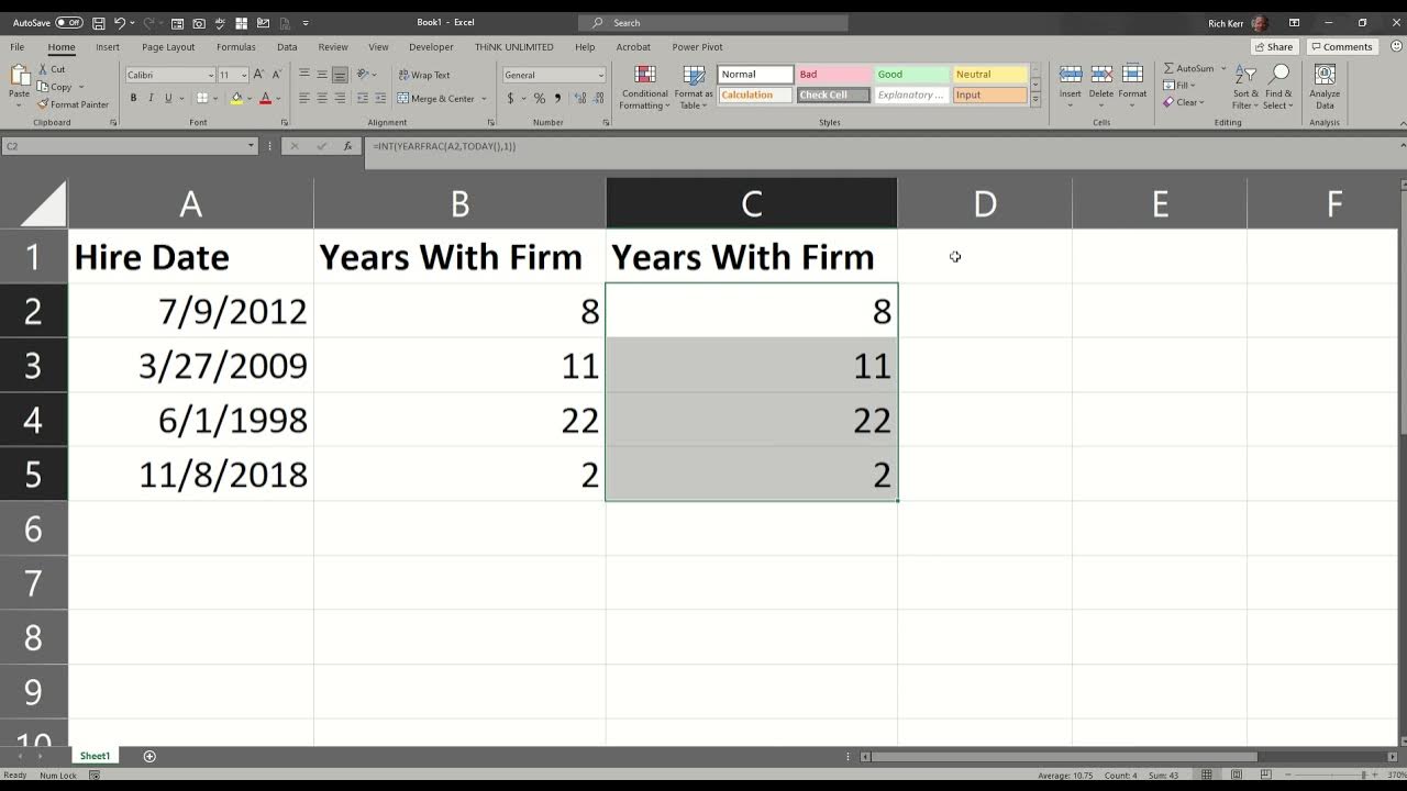 Excel compute years between dates youtube