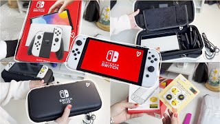 unboxing white nintendo switch oled model + cute accessories + bags | tips | shopee malaysia