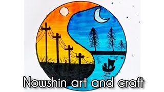 Day and Night scenery drawing।।  Easy circle scenery drawing ideas #art #painting