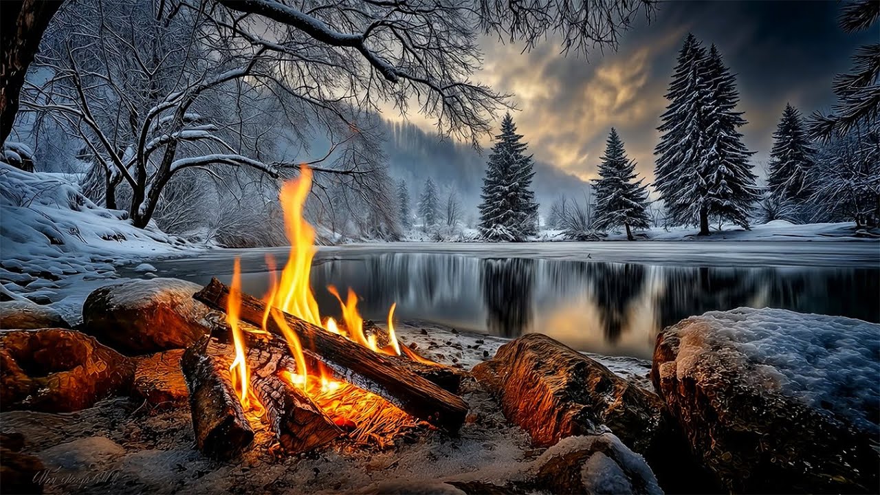 You’re Resting Beside a Winter Campfire 🔥 Snowy Pines, Evening Sky & Deep Calm