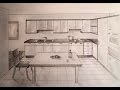 How to draw - one point perspective kitchen with furniture, desk