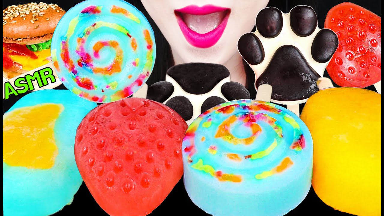 ASMR LOLLIPOP ICE CREAM POP, STRAWBERRY, ANIMAL, BLUE ORANGE 롤리팝 아이스크림 팝, 발바닥 아이스크림 먹방 MUKBANG