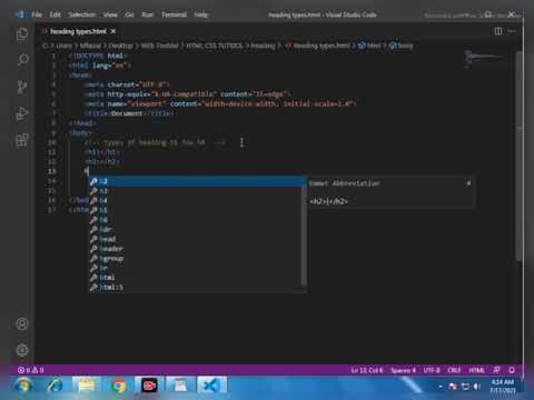 Types of Hadings in Html 5 VSCODE 2021 for begginners