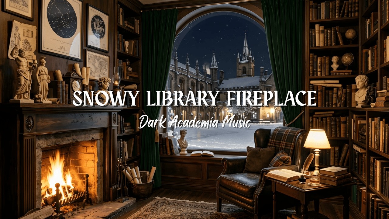 Snowfall Study by the Fireplace — Dark Academia Piano & Crackling Fire Sounds for Reading