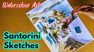 Santorini Sketches: Blue Domes and Crimson Blossoms | Control Cool and Warm Urban Landscape Painting