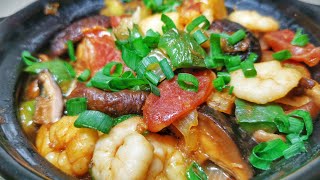 ［冬菇虾仁豆腐煲］Tofu with Mushro and Peeled Shrimp Clay Pot 高大上粤菜家常做，鲜香美味经常吃。