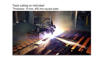 Using the Powermax105® to cut a mild steel piece using a track cutter