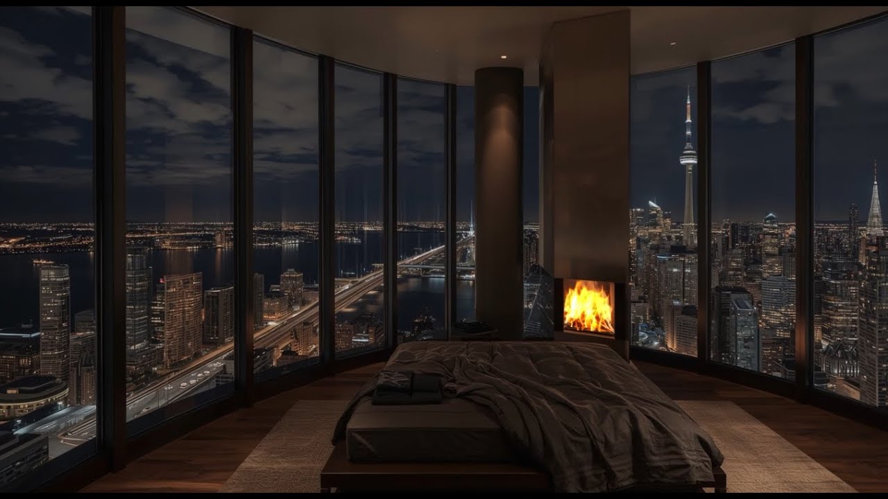 Dark City Night from a Luxury Bedroom | Fireplace | HD Ambience