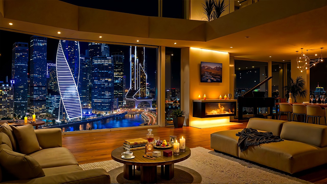 4K Elegant Moscow City at Night | Cozy Apartment Ambience with Relaxing Jazz Piano Music for Focus