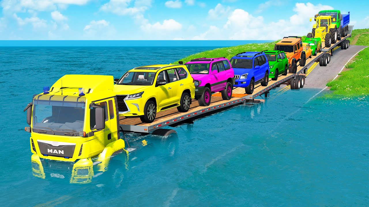Triple Flatbed Trailer McQueen Transportation with Truck - Speedbumps vs Cars vs Train - BeamNG #45