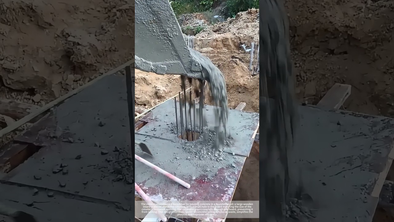 The excavator precisely casts the columns using clever control of the wooden planks.