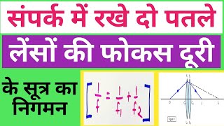 संपर्क में रखे दो पतले लेंसों की संयुक्त फोकस दूरी के सूत्र का निगमन|| two lens focus  derivation||