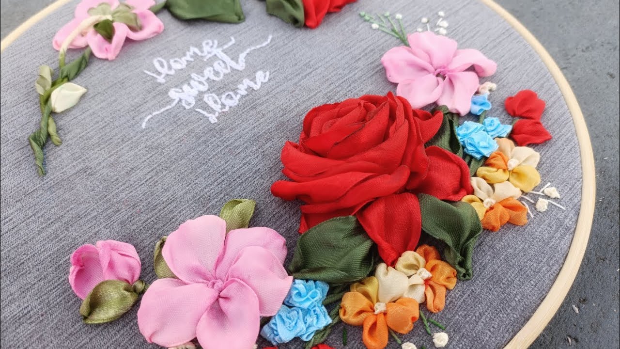 Ribbon Embroidery tutorial, Full Video step by step, Home Sweet Home