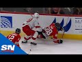 Patrick Kane And Jonathan Toews Go After Sebastian Aho For Hit From Behind At Conclusion Of Game