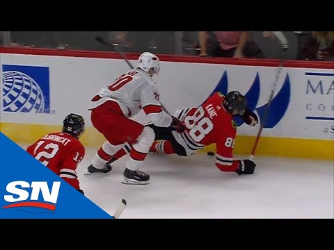 Patrick Kane And Jonathan Toews Go After Sebastian Aho For Hit From Behind At Conclusion Of Game