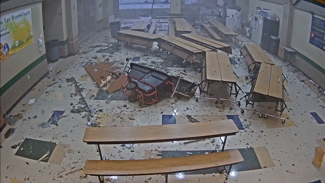 Surveillance video shows Tornado rip through a school - YouTube