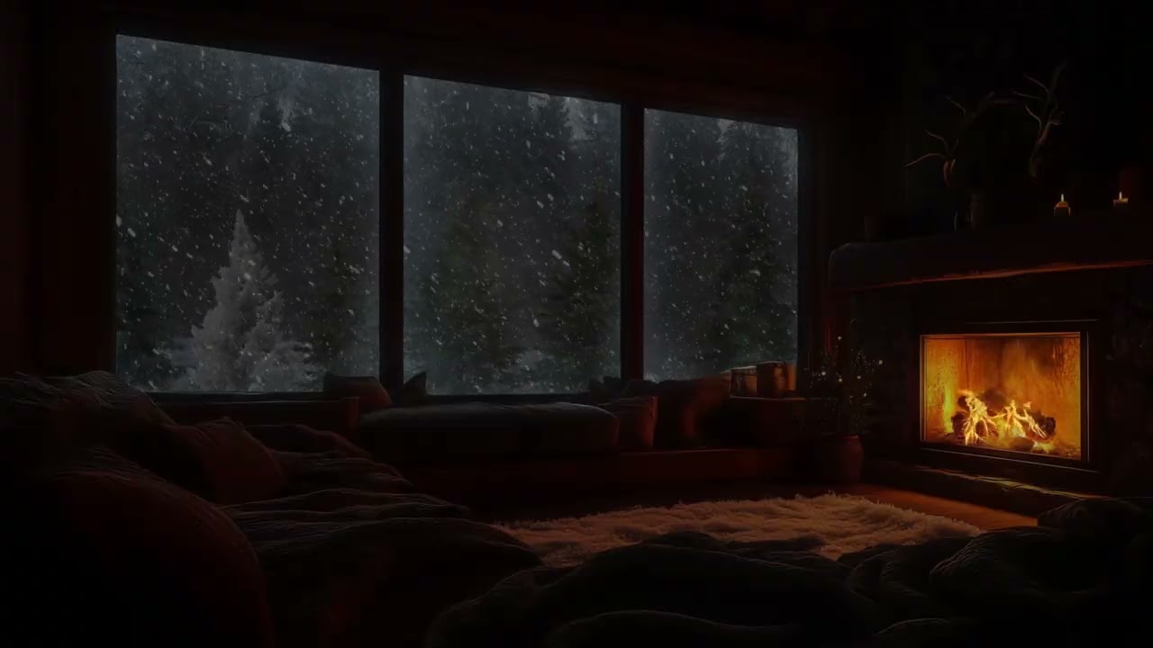 No Ads | Peaceful Winter Ambience Snow Falling Outside Warm Fireplace for Total Relaxation