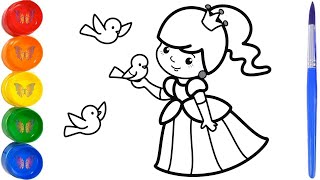 Рисунок раскраска Принцесса и птички. Раскраски Малышам.