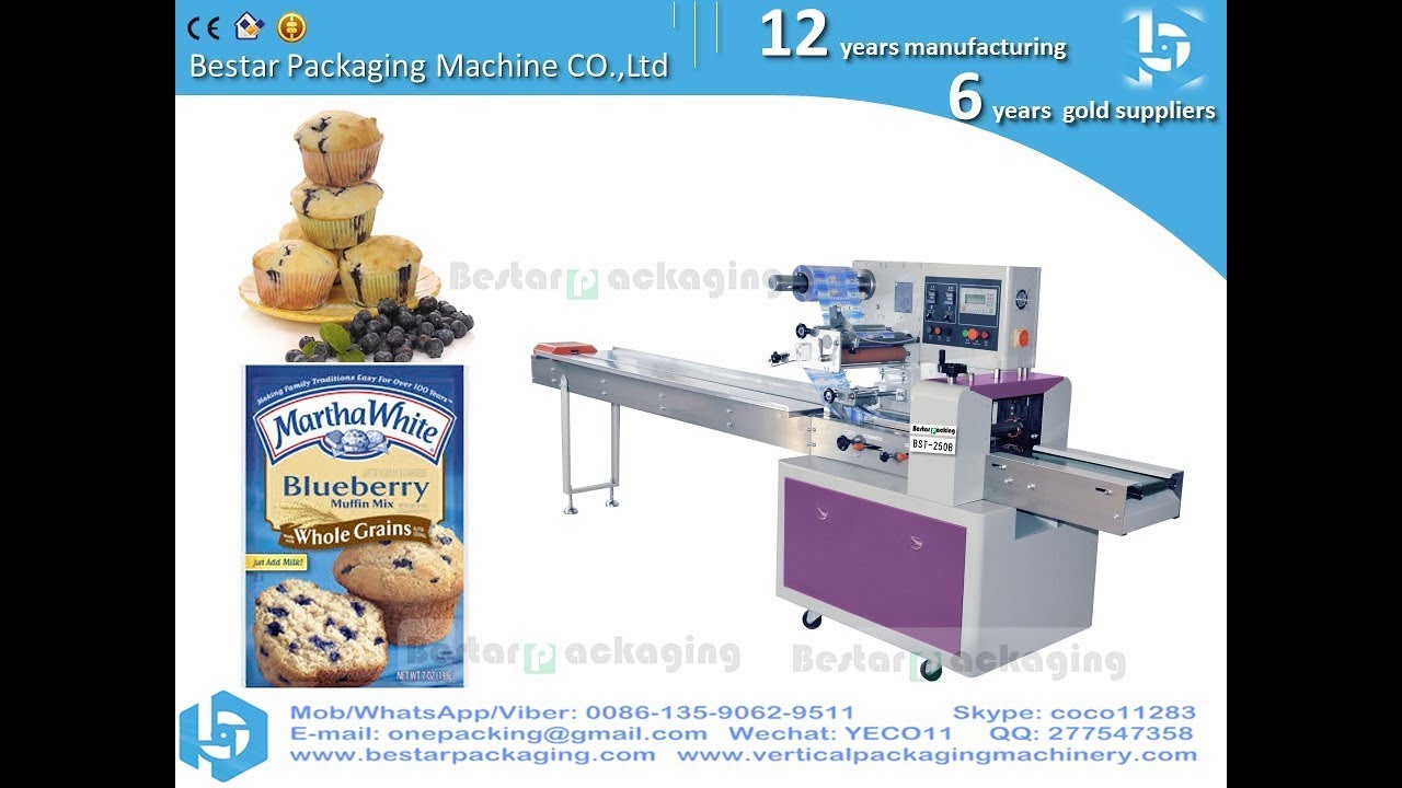 Bestar flow pack food wrapping machine for muffin cup cakes bread croissant bakery
