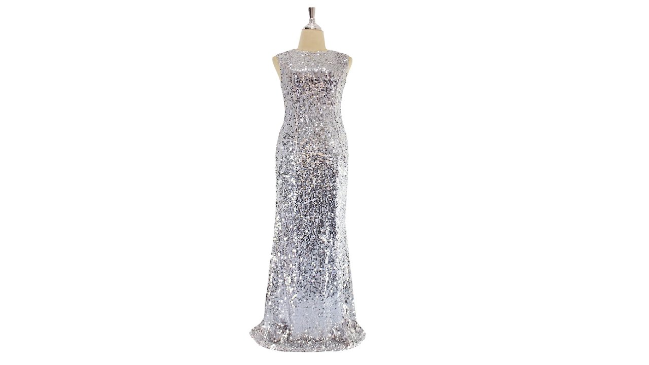 Long Silver sequin ULTIMATE fabric dress with elegant cowl back - YouTube