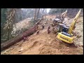 Three Bulldozer Two Excavator Using Winch Pulling Big and Heavy Log