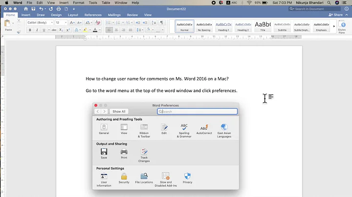 How to Change Username for Comments on Ms. Word 2016 for Mac?