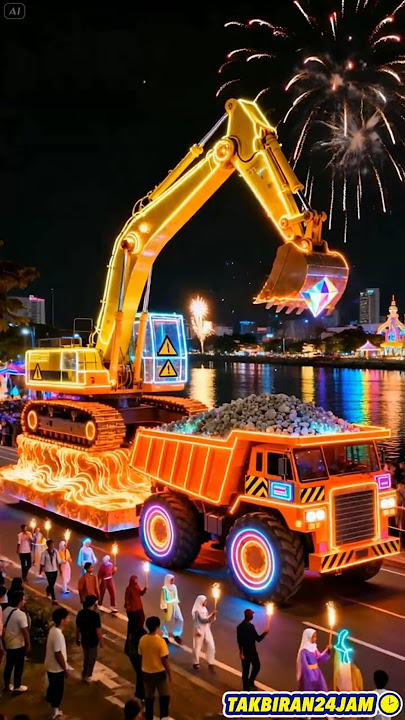 excavator menyala dan dump truk ikut takbir keliling #takbiran