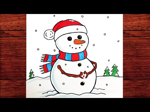 Renkli Kardan Adam Çizimi Kolay - Kardan Adam Çizimi Nasıl Yapılır - Görsel Sanatlar Kolay Çizimler