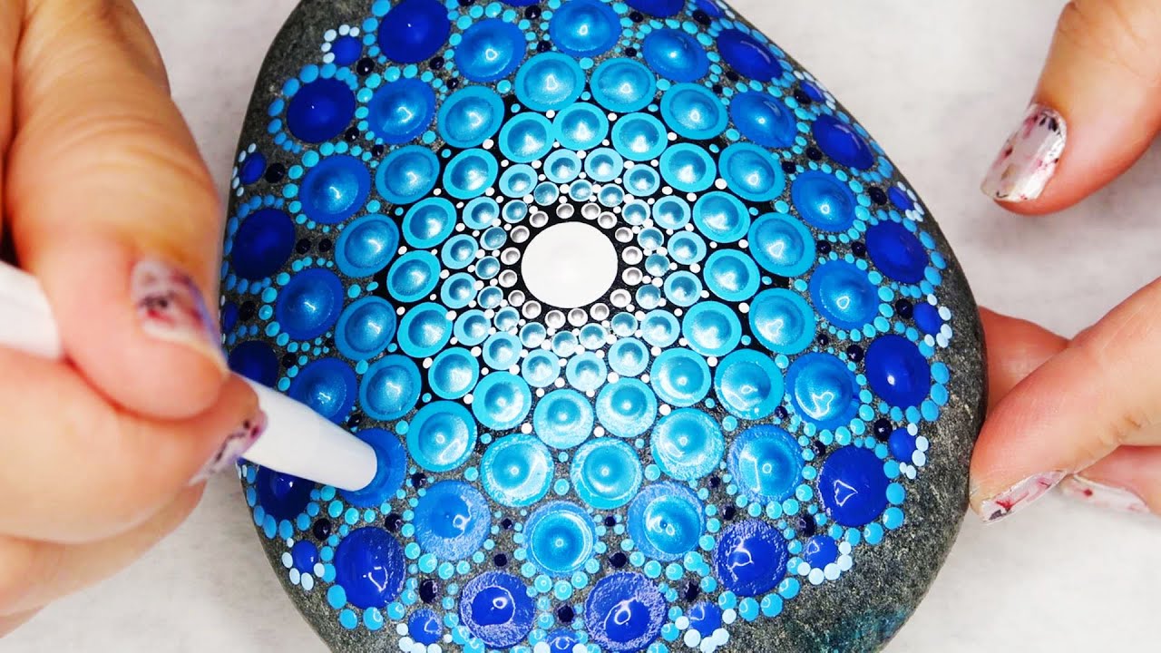Time Lapse Mandala Rock Painting in Blue dots for Beginners and Intermediate painters