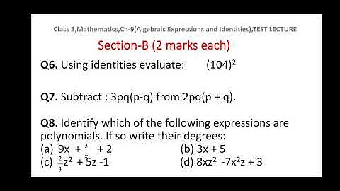 Class 8,Day-60, Mathematics,TEST LECTURE,Ch-9 (Algebraic Expressions and Identities)