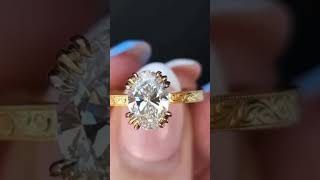 Oval Lab Grown Engagement Ring Gold Engraved Band Vintage Claw Prong Solitaire Ring