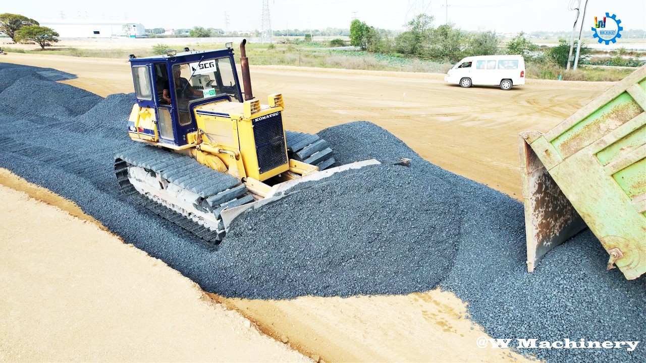 Nicely Action Komatsu Dozer Spreading Gravel Building Foundation New Roads Footage Operator Skills