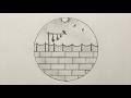 Minimalist pencil drawing of bird perched on nautical fence during sunset inside circle
