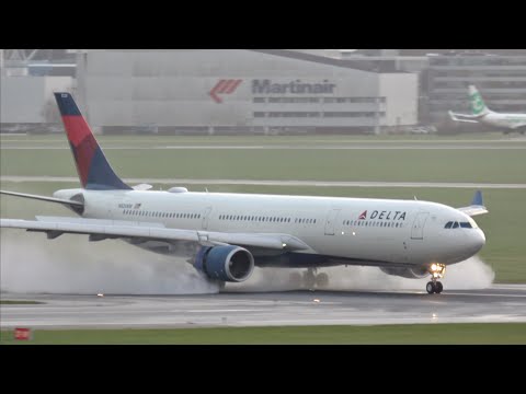 [4K] 32 EXTREME Landings & Takeoffs during Storm Darragh at Schiphol Airport | B747, B777, A330 etc.