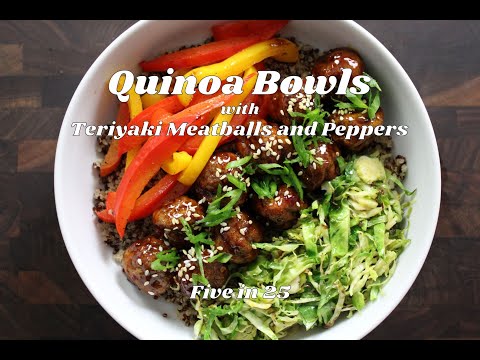 Quinoa Bowl with Teriyaki Meatballs and Peppers