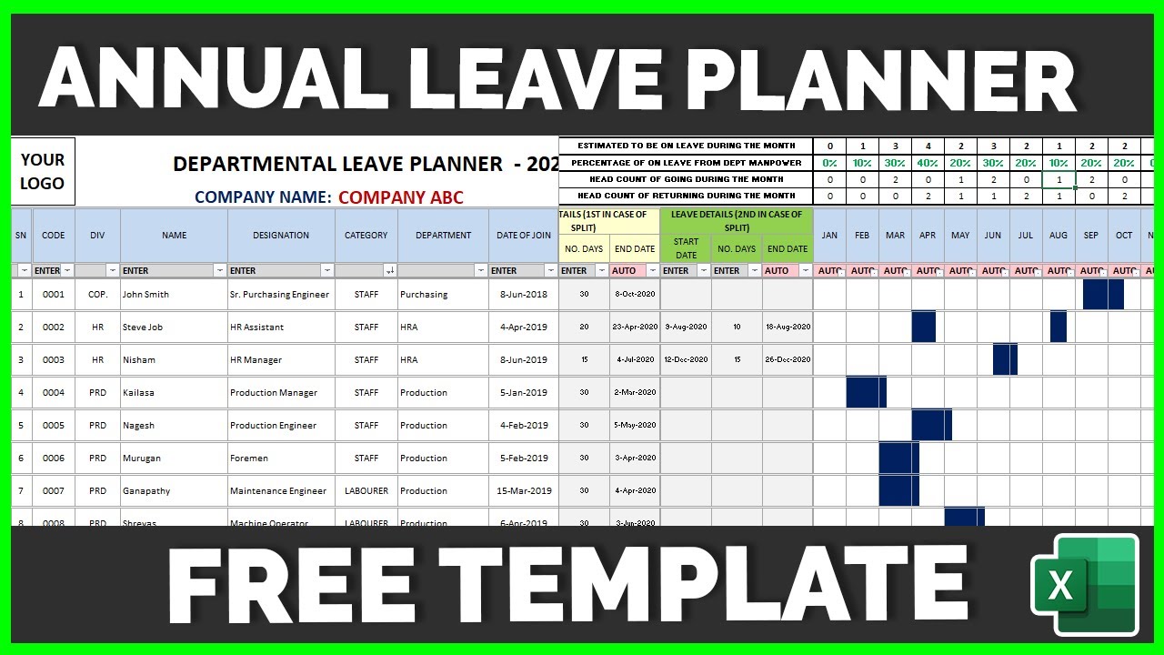 Employee Annual Leave Vacation Planner Tracking With Gantt Chart In Excel Free Excel Template Youtube