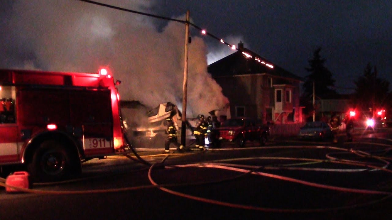 Hoquiam Fire Dept. Garage and RV Fire (Mostly Mopup) Broken Water