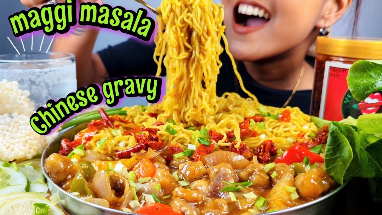 EATING MAGGI MASALA WITH CHINESE MUSHROOM GRAVY | MASALA MAGGI CHALLENGE MUKBANG | BIG BITES MAGGI