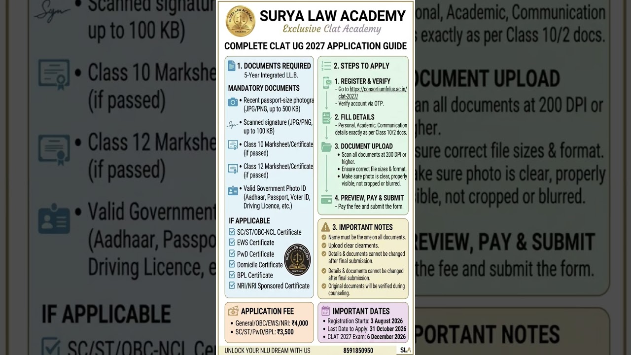 DOCUMENTS CHECKLIST CLAT 2027 📸 #suryalawacademy