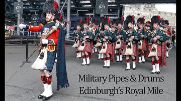 Military Pipes & Drums march down Edinburgh