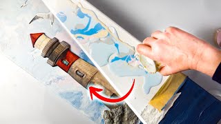 MUST SEE Textured Lighthouse Art - HOUSEHOLD Objects! BEYOND Acrylic Pouring | AB Creative Tutorial