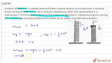 A block of mass m is slowly lowered from a point where it just touches a vertical fixed spring o...