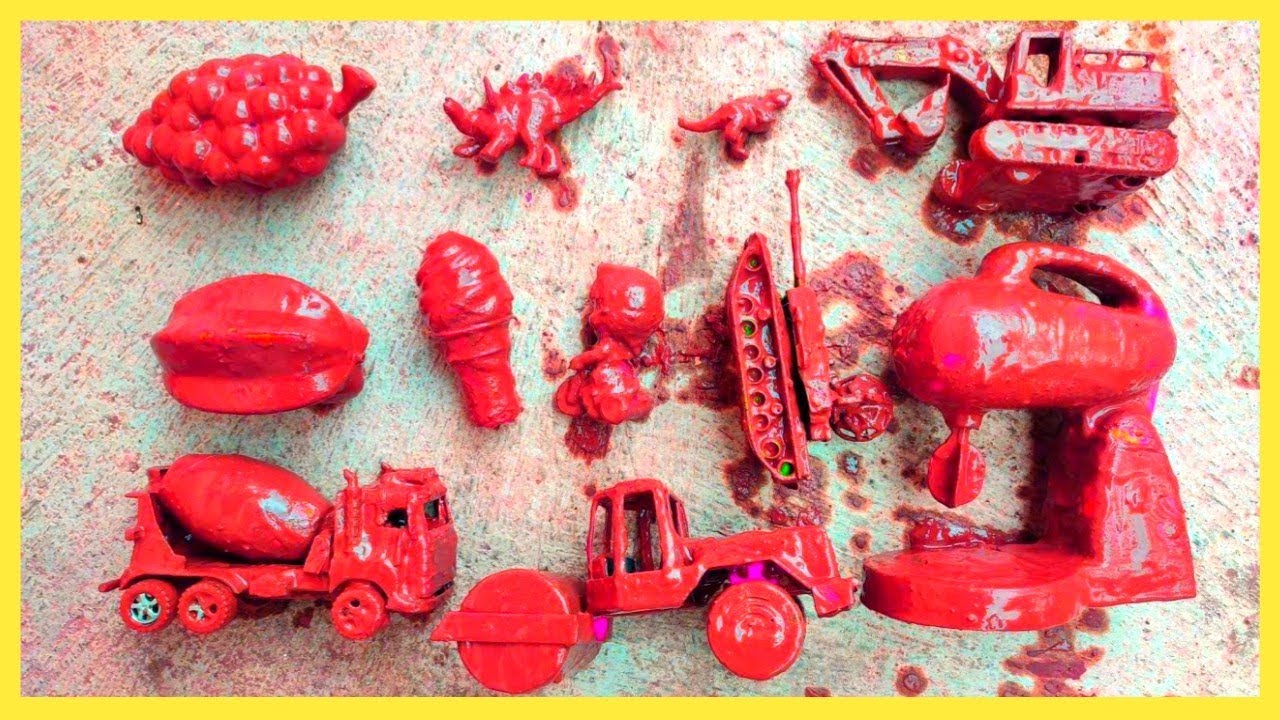 Уборка грязных игрушек, бетономешалки, экскаватора, машины, дино, т рекса, стегозавра, звездного