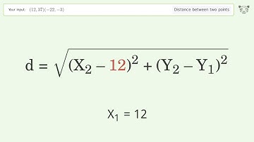 Find the distance between two points p1 (12,37) and p2 (-22,-3): Step-by-Step Video Solution