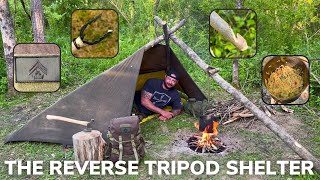 Solo Overnight Building a Reverse Tripod Tarp Tent in the Woods and Shrimp Alfredo.