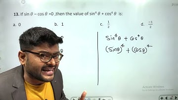 If sin θ – cos θ =0 ,then the value of sin4 θ + cos4 θ  is:      a.  0   b.   1    c.  1/2   = d-