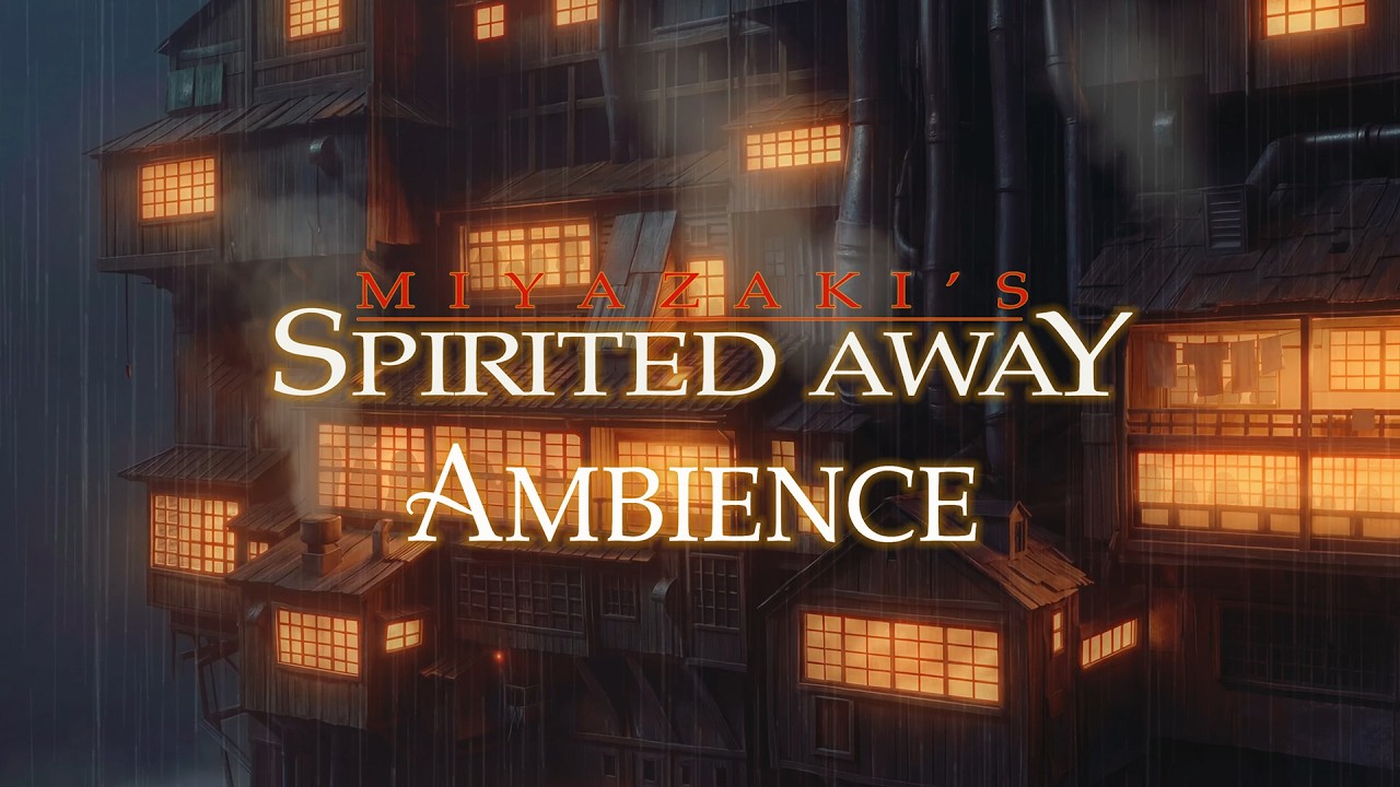 8 Hours Spirited Away Ambience | Cozy Bathhouse at Night, Rain & Warm Lights | No Music