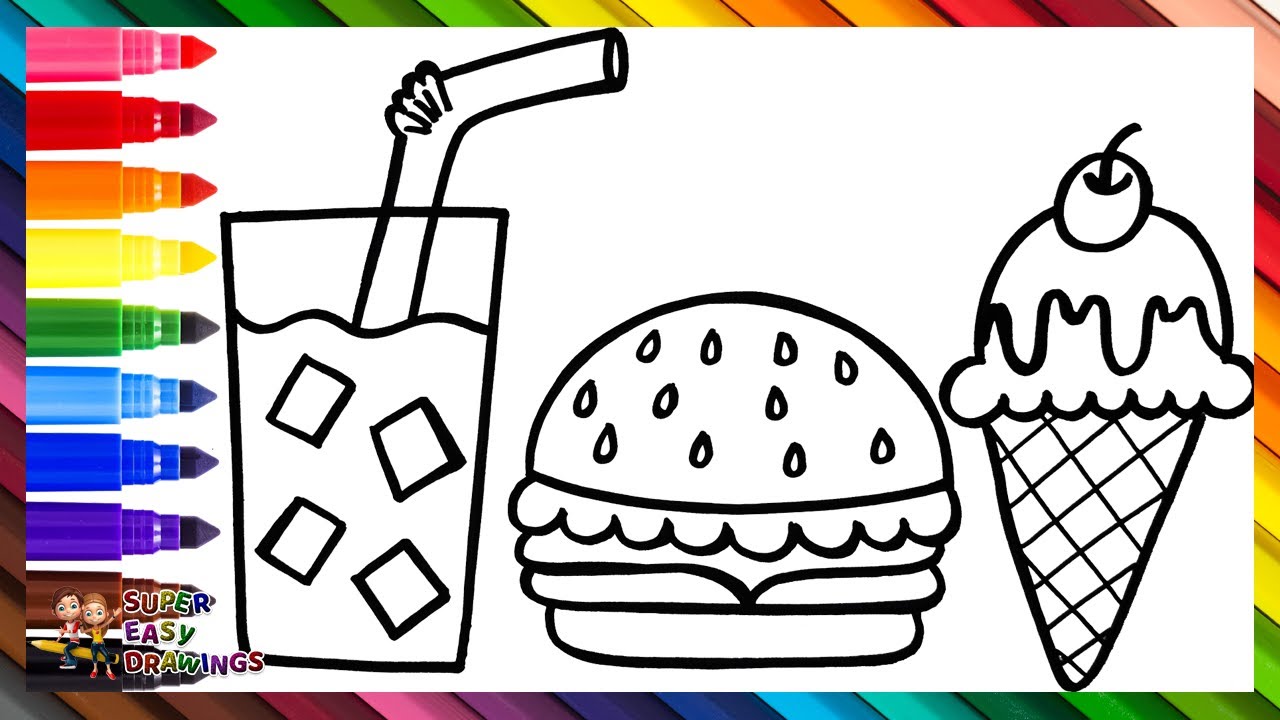 Draw and Color Fast Food 🍔🥤🍦 Drawing of a Burger, Coca Cola, and Ice ...