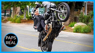 Chet Hanks pops wheelies on his Harley Davidson in Malibu